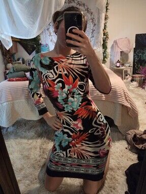 Cache Black Tropical Floral Long Sleeve Bodycon Dress